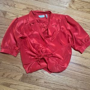 VINTAGE Red Short Sleeve Button Down Blouse